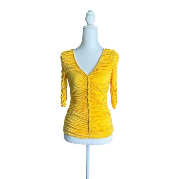 Anthropologie Tops - Sunday in Brooklyn Womens Yellow Ruched Button Front Soft Girl Boho Top Sz XXS